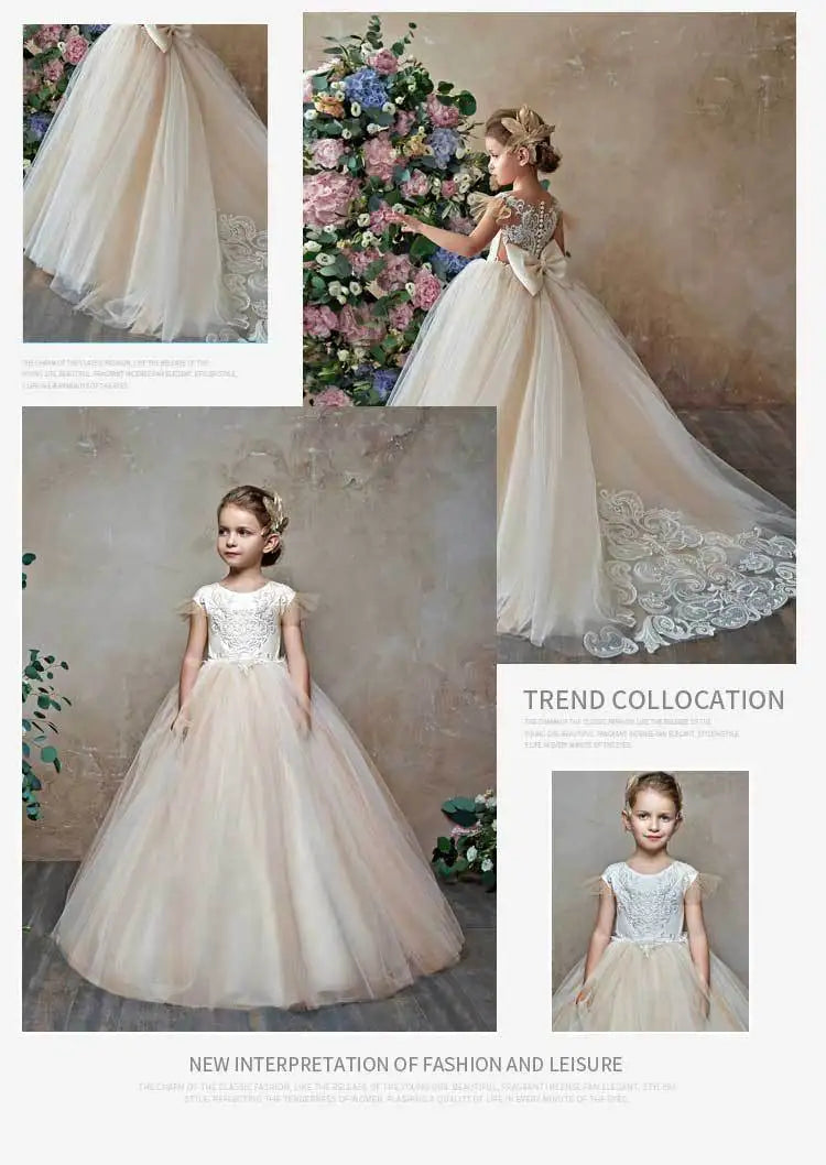 Cute Flower Girl Dresses for Wedding Big Bow Appliques Long Little Pageant Gowns Girls White Tulle First Communion Gowns