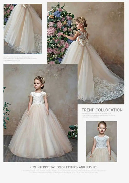 Cute Flower Girl Dresses for Wedding Big Bow Appliques Long Little Pageant Gowns Girls White Tulle First Communion Gowns