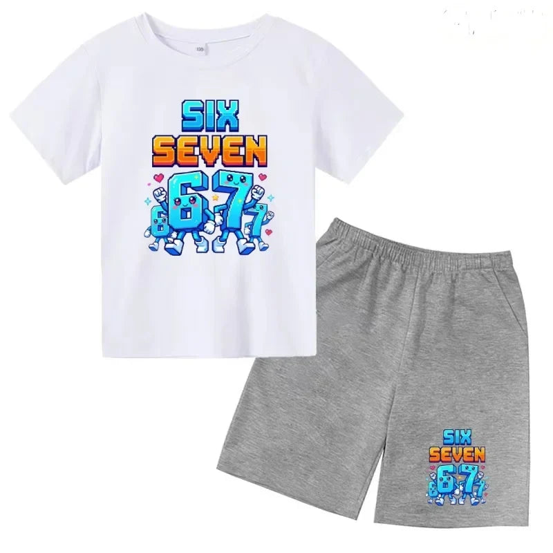 Boys Girls 3-12Y Summer Fashion Outfit 67 Number Cartoon Print T-shirt and Shorts Casual Two-Piece Clothing Set