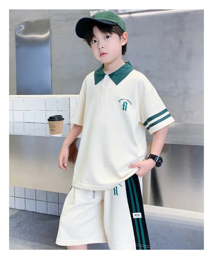 Boys Set Summer Children Clothing Korean Style Costumes Cotton Polo Shirt Shorts 2pcs Kids Casual Outfits Tracksuit Age 5-14 Y
