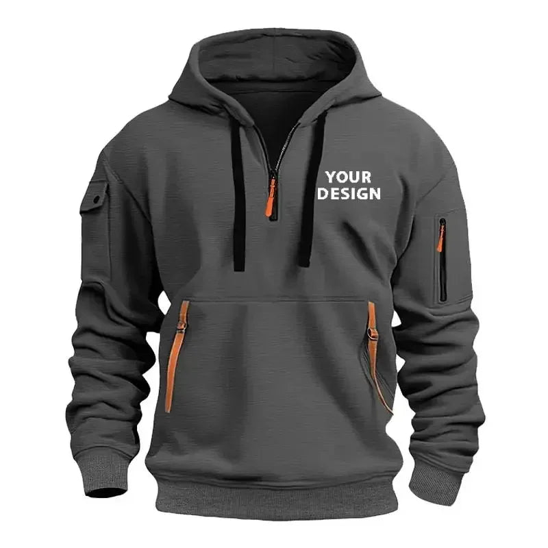 New Men's Sports Zipper Sweater, Loose Casual Sportswear with Arm Pockets, Customized Hooded Jacket with Your Logo