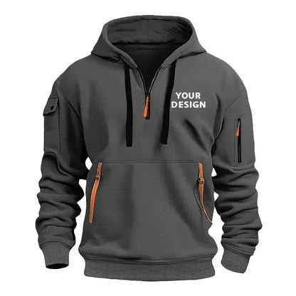 New Men's Sports Zipper Sweater, Loose Casual Sportswear with Arm Pockets, Customized Hooded Jacket with Your Logo