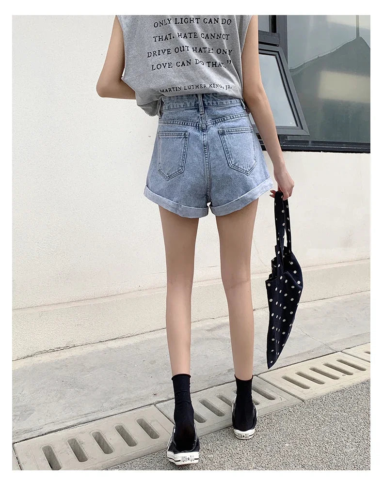 Summer 2024 Denim Shorts Women High Waisted Wide Leg Loose Crimping Blue Jeans Sequined Jean Shorts Female
