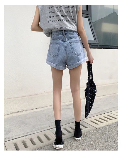 Summer 2024 Denim Shorts Women High Waisted Wide Leg Loose Crimping Blue Jeans Sequined Jean Shorts Female