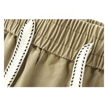 Spring Summer Cargo Pants Men Cotton Enzyme Wash Distressed Loose Fit Straight Leg Khaki Drawstring Elastic Waist Casual Pants
