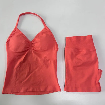 No Logo 2 Pieces Sports Set Workout Clothes Shorts Sets Gym Strappy Top Scrunch Shorts Yoga Clothing Gym Set