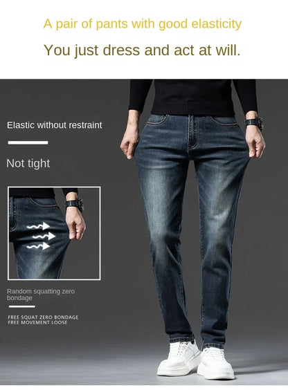 2025 New High-end High-quality Denim Double-core Cotton Elastic Jeans Retro Nostalgic Men's Straight-fit Trousers