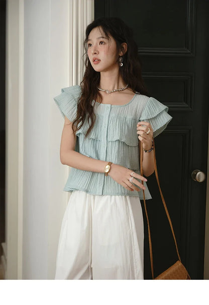 Butterfly Sleeve Chiffon Shirt Women's 2025 Summer New Women's Clothing Retro Square Neck Button Casual Shirt MXD30X1488