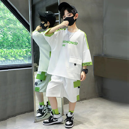 Summer Boys Patchwork Alphabet Half Sleeves T-Shirt Tops+Shorts Pant School Kids Tracksuit Child 2PCS Outfit Workout Set 5-16 Yr