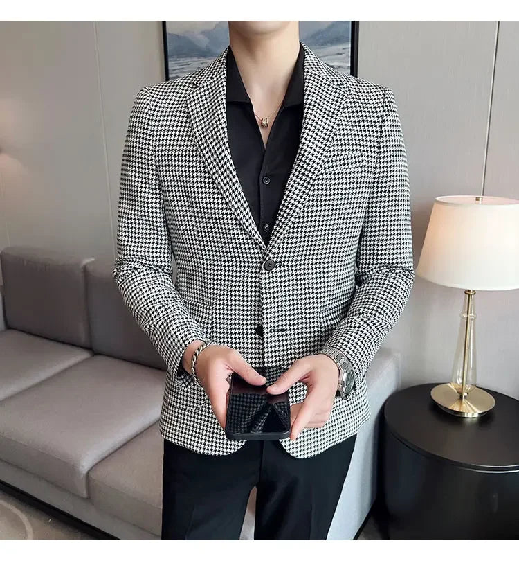 2025 Spring Men's Plaid Suit Jacket Korean Luxury Business Slim Fit Social Suit Jacket Formal Social Party Wedding Prom Tuxedo