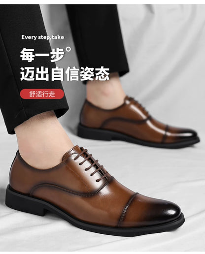 Mens Brown Gradient Leather Cap Toe Oxford Dress Shoes Lace Up Formal Business Office Work Daily Wear Comfortable Non Slip Shoes