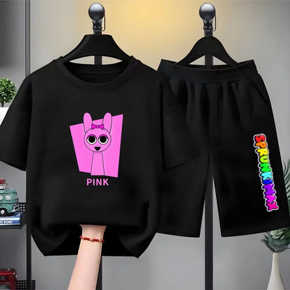 Summer Boys Girls Age 3-12 Tee+Shorts Suit Children Short Sleeve T-Shirts Child Casual Pink Black Clothes Sprunki Graphics