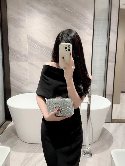 Popular evening bag, shiny rhinestone diamond clutch bag, dress bag, evening bag, chain bag, classy square box bag for women
