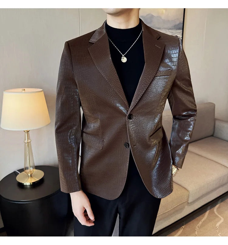New High Quality Crocodile Stripe Slim Fit Leather Jacket Classic Business Casual Slim Fit Men Blazer Tuxedos Men Clothing 4XL-M