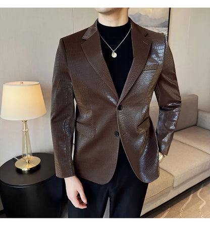 New High Quality Crocodile Stripe Slim Fit Leather Jacket Classic Business Casual Slim Fit Men Blazer Tuxedos Men Clothing 4XL-M