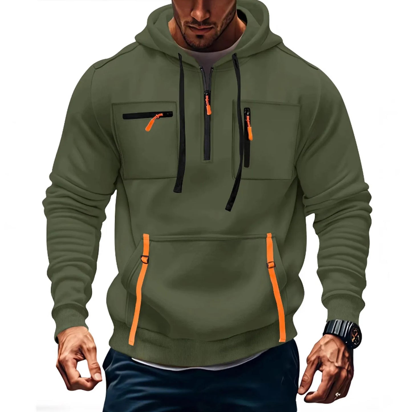 Men's Casual Sports Hoodie 2025 New Fashion Pocket Zipper Hooded Sweatshirt Solid Color Loose Coat Outdoor Running Streetwear