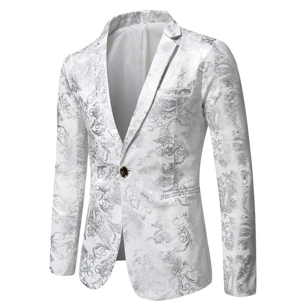Men's Slim Fit Print Blazer Jacket 2025 Fashion Handsome Business Casual Silver Stage Show Suit Small Menswear