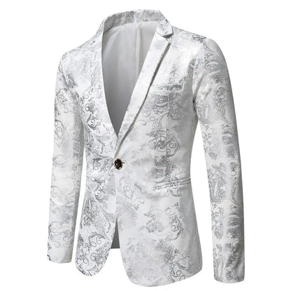 Men's Slim Fit Print Blazer Jacket 2025 Fashion Handsome Business Casual Silver Stage Show Suit Small Menswear