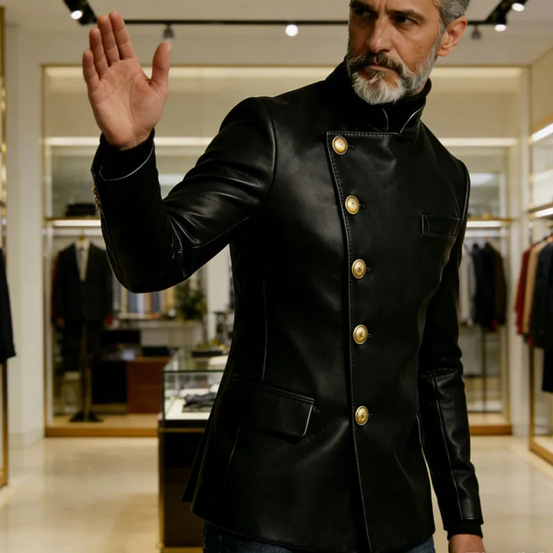 Vintage Men's PU Leather Blazer Slim Fit Double Breasted Stand Collar Jacket Gold Button Business Casual Wedding Prom Suit Coat