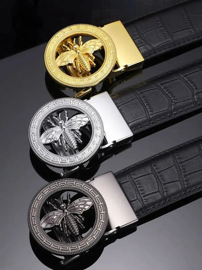 High-End Men's Casual Leather Belt; Small Bee Automatic Buckle Belt; Business Versatile Bamboo Texture Belt.
