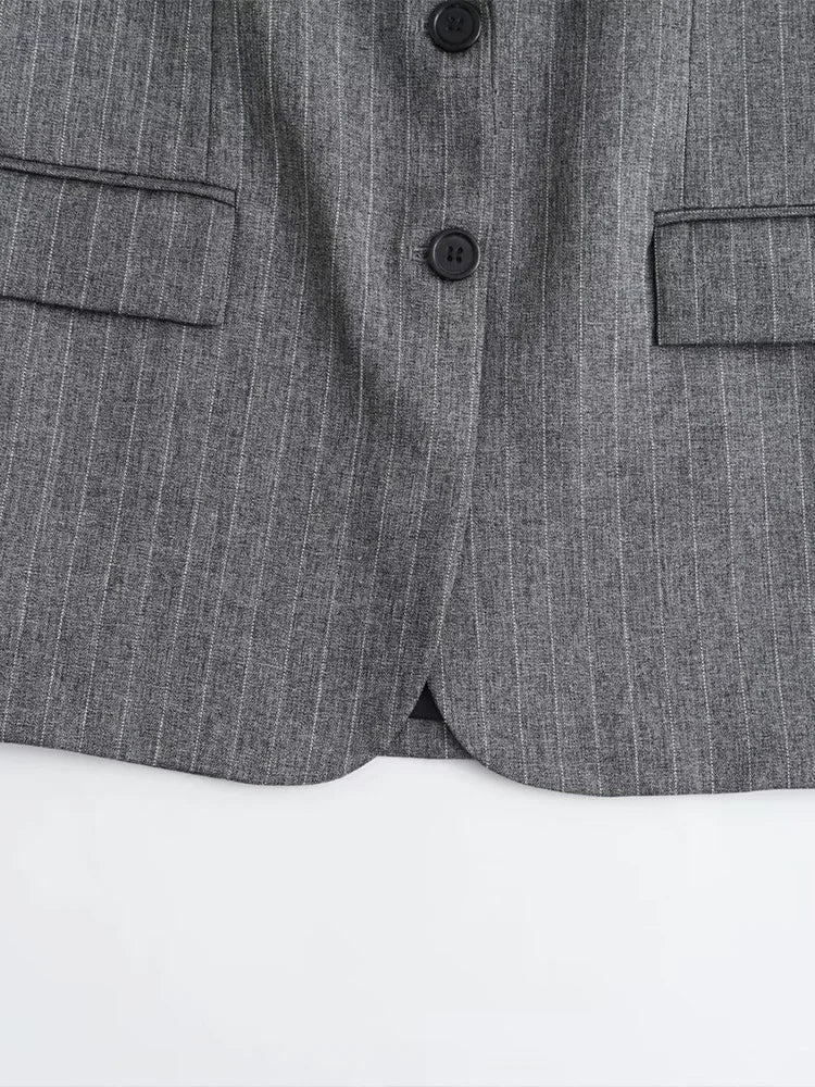 Women Fashion With Pockets Striped Single Breasted Blazer Vintage Notched Neck Long Sleeves Female Chic Lady Outfits