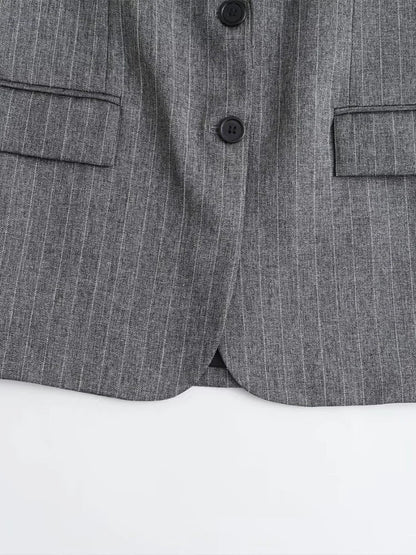 Women Fashion With Pockets Striped Single Breasted Blazer Vintage Notched Neck Long Sleeves Female Chic Lady Outfits