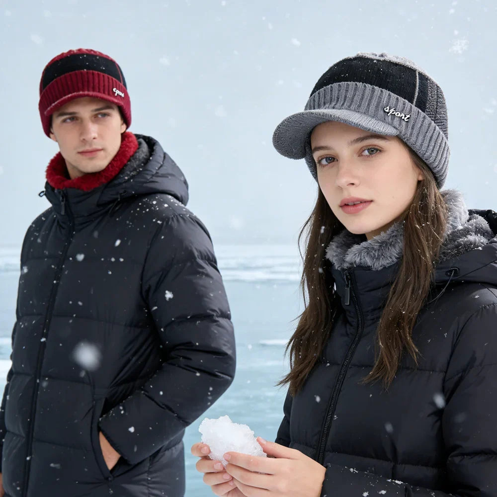 New Unisex Warm Winter Hat With Brim Add Fur Lined Beanie Hat Sports Label Thicken Winter Hats For Men Women Knitted Hat