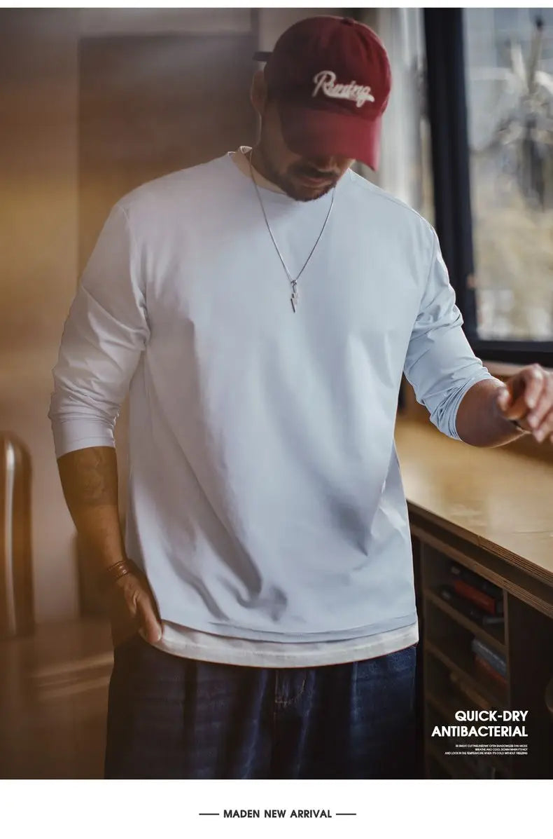 Casual 7A Anti-Bacterial Quick-Dry Long Sleeve T-Shirt Men's Spring Cool Comfort Breathable Tops Round Neck Layering Tee