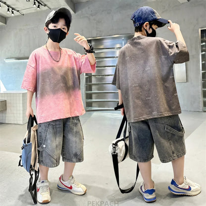 Luxury Children Fashion Summer Set for Boy Cotton Outfit Suit T-shirt Shorts Clothing Kids Street Top And Bottom 2 Pieces Suit