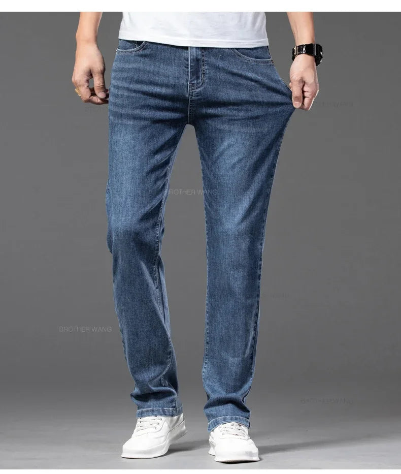 Spring Summer Thin Men's Classic Jeans Elastic Loose Straight Cotton Casual Denim Trousers Brand Clothing Business Male Pants