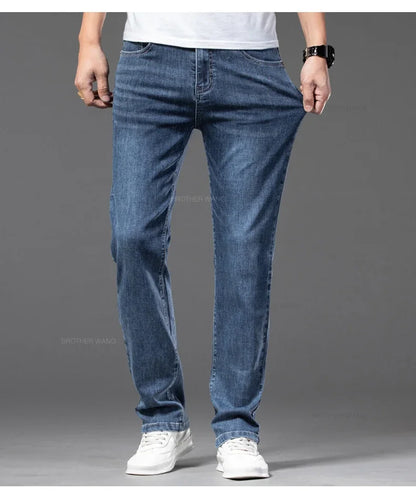 Spring Summer Thin Men's Classic Jeans Elastic Loose Straight Cotton Casual Denim Trousers Brand Clothing Business Male Pants