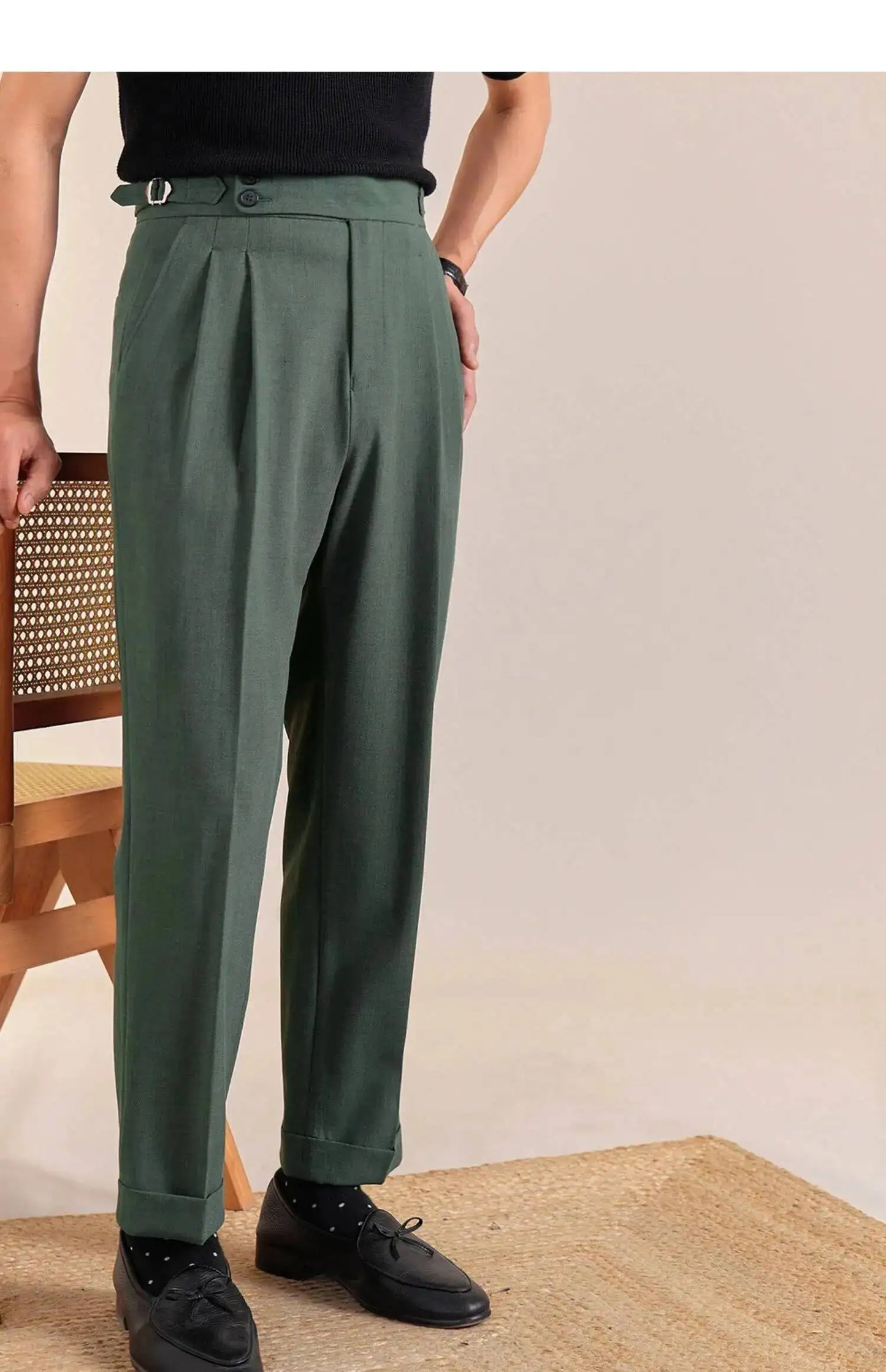 2025 New Italian Style Double Pleated Neapolitan Mens Formal Pants Casual Business Straight Leg High Waist Office Trousers Men
