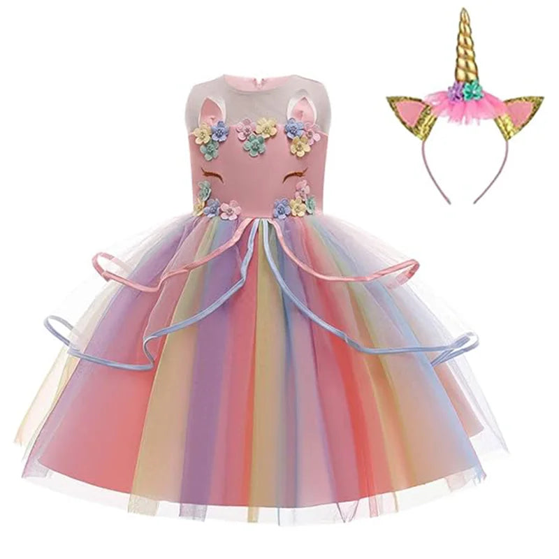 Dreamy Girl Embroidery Sleeveless Unicorn Mesh Princess Dress With Hair Hoop Wing For Kids Party Performance Birthday Gift 2-10T