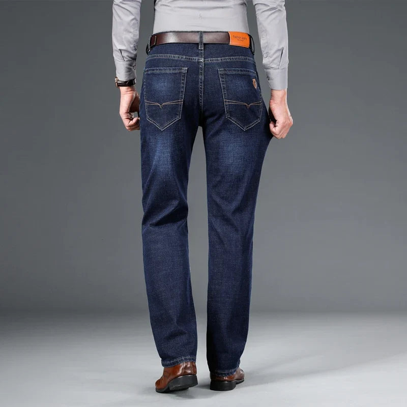 2024 autumn spring fitted straight stretch denim jeans classic style badge youth men's business casual jeans trousers