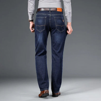 2024 autumn spring fitted straight stretch denim jeans classic style badge youth men's business casual jeans trousers