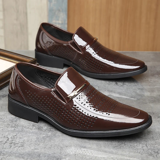 Men's Summer Breathable Leather Shoes Hollow out Comfortable Anti-Slip Formal Derby Shoes-2119-1