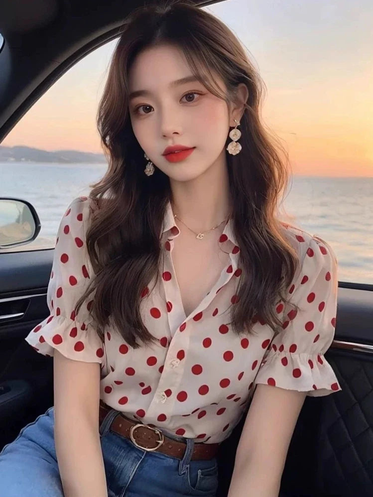 2025 Summer Sweet Blouses Polka Dot Single Breasted Tops Turn Down Collar Puff Sleeve Shirts Fashion All Match Women's Clothing