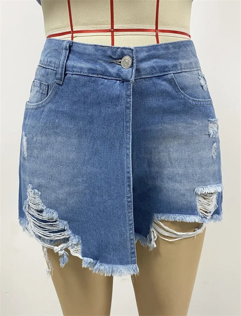 New Summer New Women Ripped Repaired Denim Shorts High Waist Bodycon Distressed Hole Bottoms Casual Pockets Sexy Short Jeans