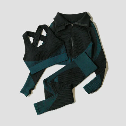 2/3Pcs Women Yoga Suit Seamless Knitted Yoga Pants Leggings Clothing Zipper Long Sleeve Crop Top Fitness Wear Sportswear Gym Set
