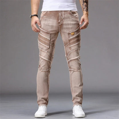 Men's Patchwork Skinny Ripped Jeans Fashion Trousers Elastic Slim Hole Biker Denim Pants Hip-hop Rock American Streetwear