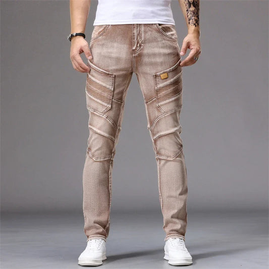 Men's Patchwork Skinny Ripped Jeans Fashion Trousers Elastic Slim Hole Biker Denim Pants Hip-hop Rock American Streetwear