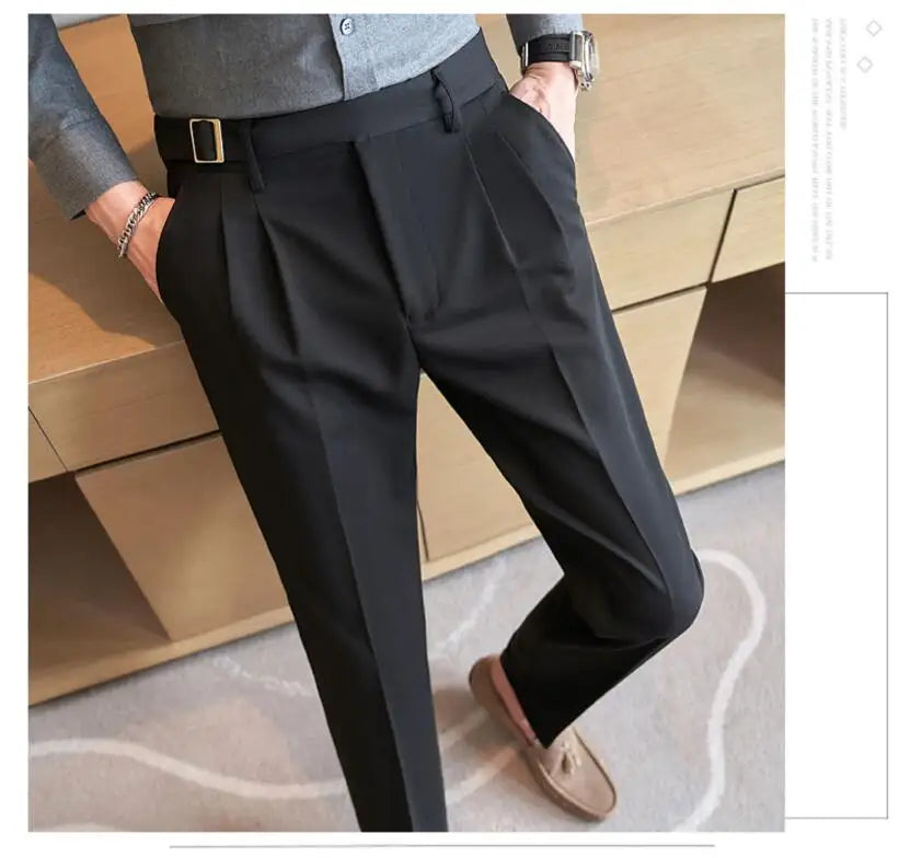 Pure Color Male Business Wedding Dress Pants Fashion Unique Design Men Waist Adjustable Suit Pant No Belt Slim Trousers Homme