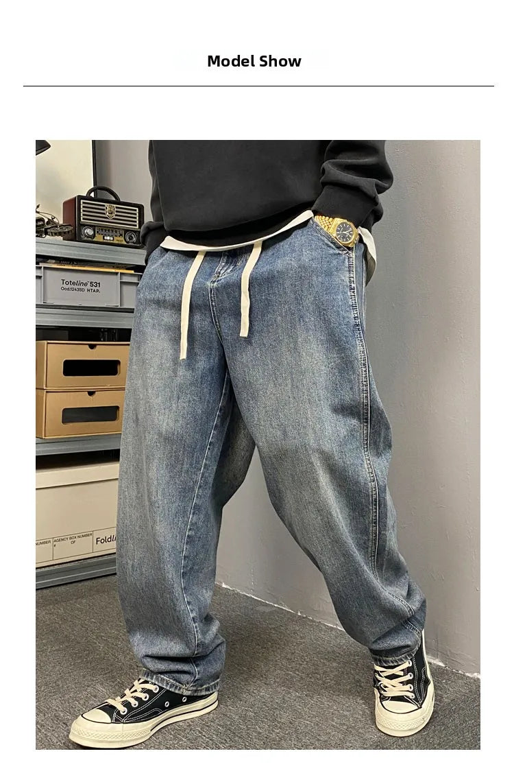 American Style Casual Faded Loose Straight Leg Jeans for Men Spring Autumn Wear Comfortable Wide Leg Pants Youth Fashion