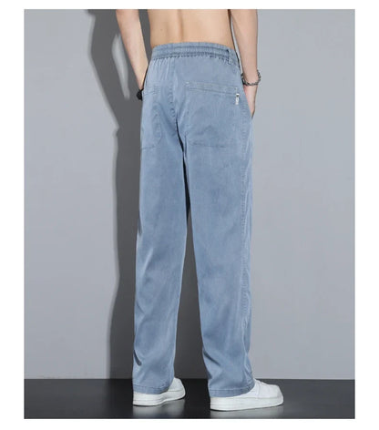 Summer Soft Lyocell Fabric Men's Jeans Thin Loose Straight Pants Drawstring Elastic Waist Korea Casual Trousers Plus Size M-5XL