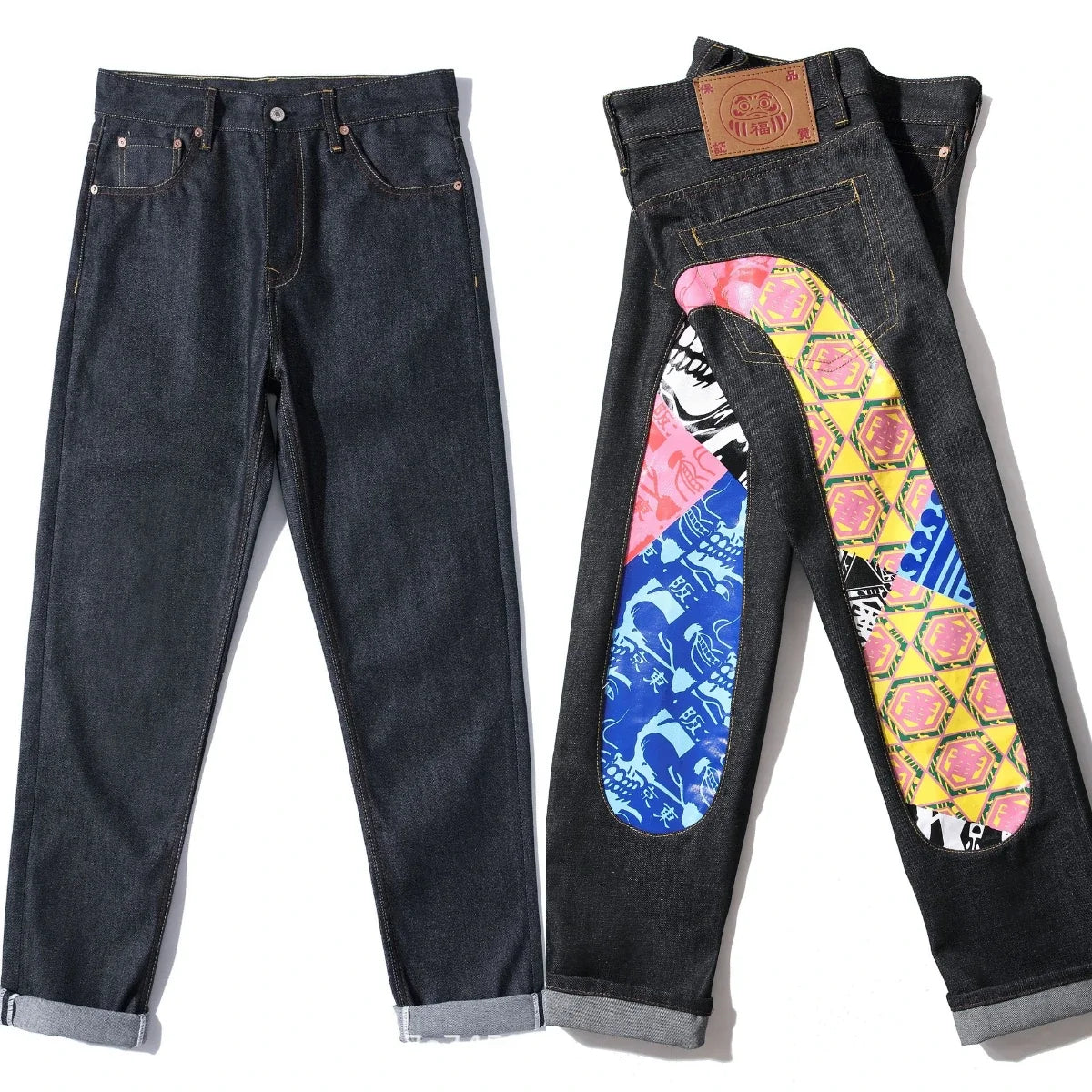 Men's Japanese Handmade Embroidered Jeans Pure Cotton Straight Tube Hip-Hop Popular Slim Red Ears Show Thin Trousers Devil Black