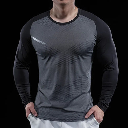 Autumn Winter Men Gym Fitness Display Long Sleeve T-Shirt Crew Neck Elastic Moisture Wicking Tights Running Training Bottom Top