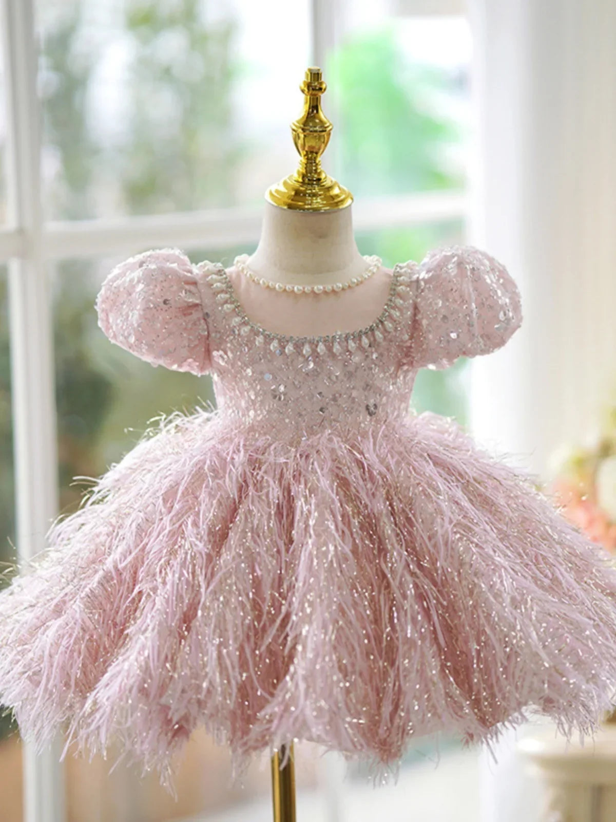 Fashion Baby Girl Princess Sequins Feather Dress Puffy Sleeve Toddler Child Pearl Vestido Party Birthday Baby Clothes 2-14Y