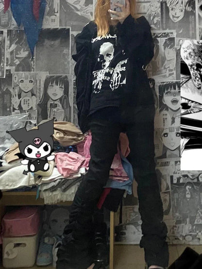 Goth Lolita Black Pants Casual Flare Stacked Jeans Women Stretchy High Waist Trousers 2000s Y2K Grunge Emo Streetwear