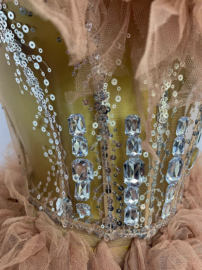 2025Women Sexy Backless Strap Mesh Fluffy Skirt 2 Pieces Diamond Sequins Stage Performance Costume Birthday Party Shooting Dress