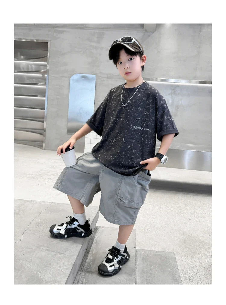 Summer Suit for Boy with Shorts Two Piece Clothing Set Kids Child Cotton Top and Bottom Clothes Set Casual Outfit Tracksuit 5-14